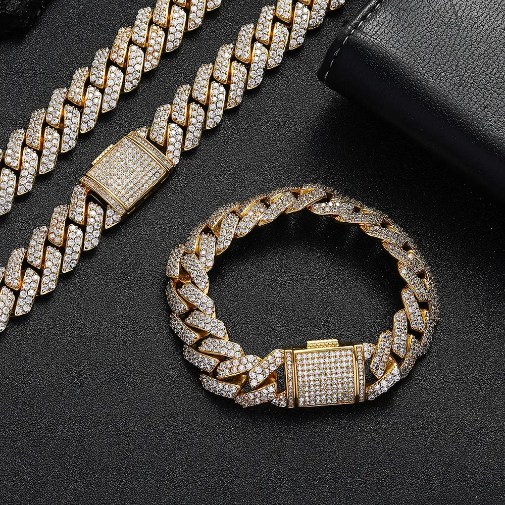 Bracelets en or Hip-Hop pour hommes, design en zircone cubique Miami, chaîne à mailles cubaines, diamant glacé, 15mm, 1 pièce