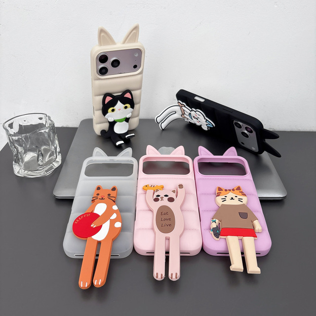 3D Puffer Phone Case with Cartoon Cat Ear and Creative Foldable Cat Stand for iphone 17 Pro Max 16 15 14 13 12 Cute Puppy Case