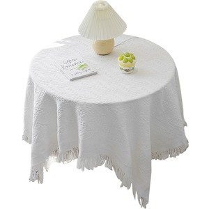 Luxury <b>Round</b> Cotton Linen <b>Tablecloth</b> With Tassels For Home Coffee Table Decor Washable Flax Fabric 90% White - Product Image 1
