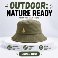 Chapeau Bob Léger et Pliable en Coton Sergé Lavé Olive avec Broderie Mini Sapin, Large Bord Anti-UV pour Randonnée et Camping