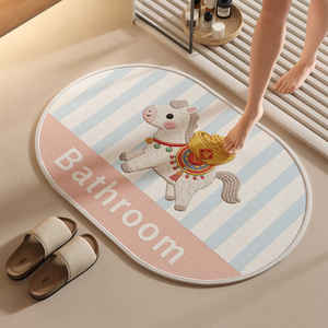 Alfombra de baño ovalada antideslizante, imitación de lino, absorción de agua, secado rápido, estampado de animales de dibujos animados, alfombra para pies, uso doméstico - Product Image 1
