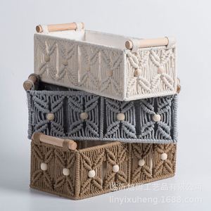 Hand Woven Cotton Rope <b>Storage</b> Box Rectangle Bohemian Style Desktop Organizer Cosmetic <b>Basket</b> - Product Image 3
