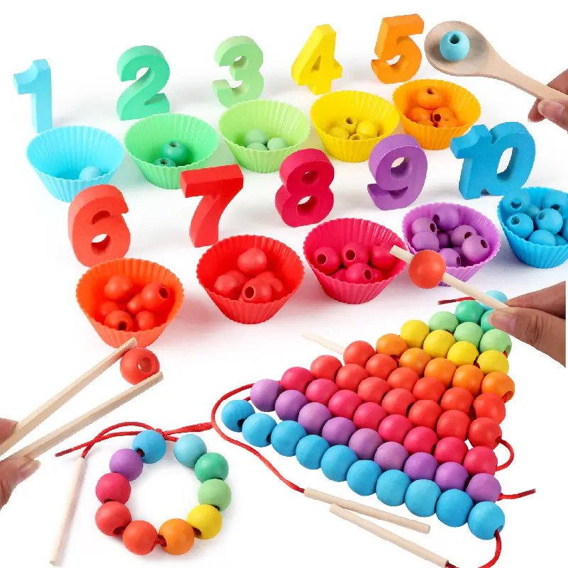 Montessori Wooden Hands Brain Training Lacing Clip Beads Educational Learning Sensory Toys