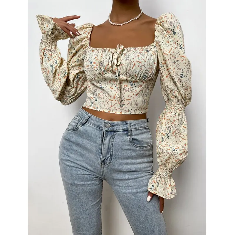 Nova Moda Pequeno Floral Retro Blusa Com uma Palavra Colar Floral Coletados Praça Manga Pescoço Empate Frente Blusas & Camisas das Mulheres