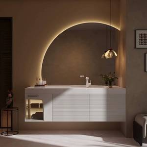 Contemporary <b>Wall</b> Mounted Bathroom Vanity With LED Arc <b>Mirror</b> Ceramic Basin 60 In MDF Minimalist Design - Product Image 1