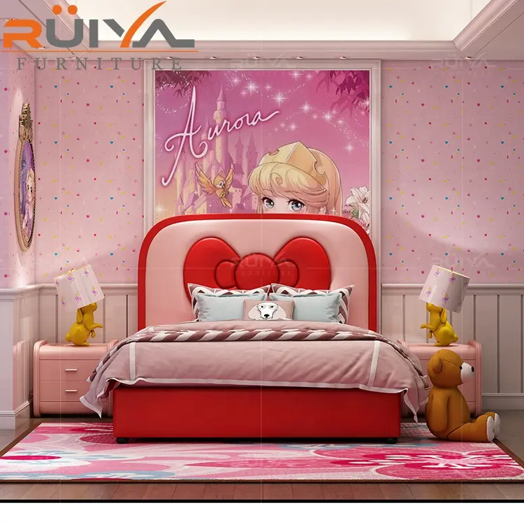 Amerikan şık hello kitty çocuk yatağı çocuk kız deri yatak katı ahşap yatak odası çocuk yatağı