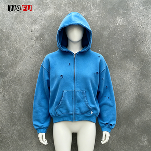 <strong>Men's</strong> <strong>Hoodies</strong> Baggy Fit Blank Zip up Hooded High Quality Fleece Hole Distressed Custom Logo <strong>Hoodies</strong> <strong>for</strong> <strong>Men</strong> Hot Supplier - Product Image 1