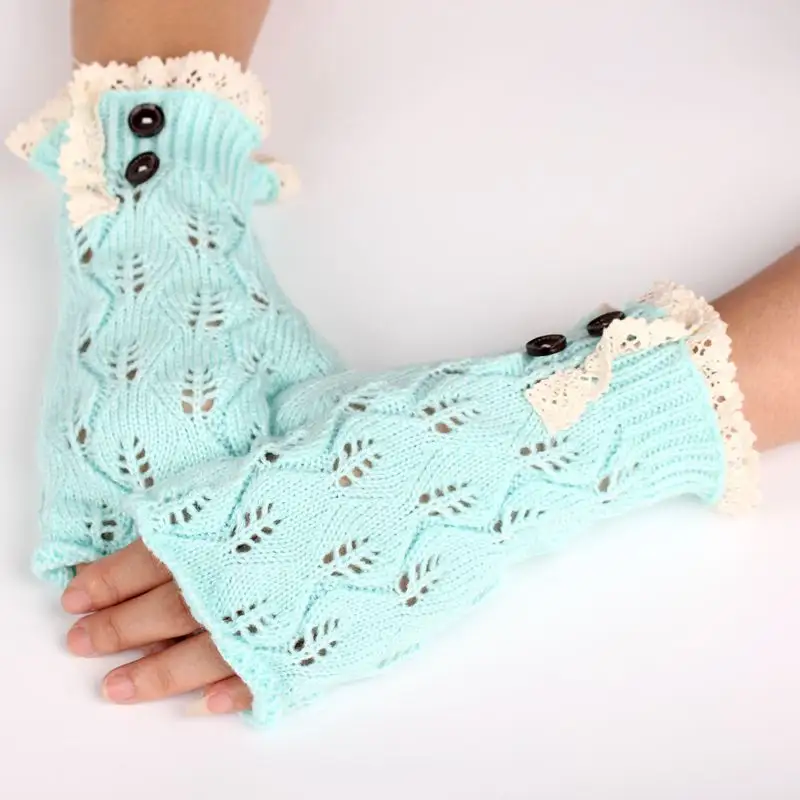 Soft Warm Muti-color Lace Hollow-carved Design Half Finger Knitted Gloves Winter Women Gloves Extended Wrist Ladies Gloves