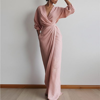 Nouvelles Arrivées Robe Longue Femme Couleur Unie Col V Manches Lanterne Fendue sur le Côté avec Poches Élégante Décontractée Quotidienne pour Dames