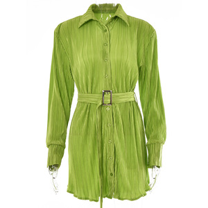 White Pleated V Neck Long Sleeve Shirt Dress With Belt <b>Wrap</b> And Tie Design For Women Summer Casual Wear - Product Image 5