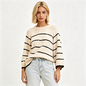 2026 New Arrival Striped Oversized Knit <strong>Sweater</strong>, <strong>Women's</strong> <strong>Beige</strong> Black Crew Neck Long Sleeve Pullover, Knitwear - Product Image 1