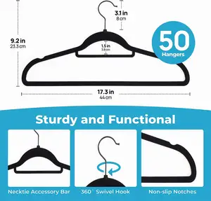 Luxury Low Price Velvet Felt Non Slip Clothes Hangers 50 Pack - Ultra Slim Space Saving - Heavy Duty Swivel Black Hook For Clo