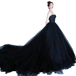 Hepburn Style Wedding Dress <b>Black</b> Satin Ball Gown Sweetheart Neckline <b>Basque</b> Waistline Vintage Elegant Banquet Long Dress - Product Image 5