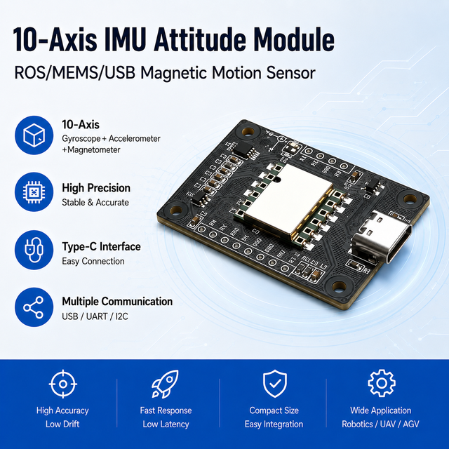 High Precision 10 Axis AHRS IMU Sensor Module with Barometer Magnetometer Gyroscope USB Type C I2C UART for ROS Robots