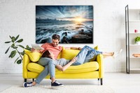 Vente en gros d'art mural en verre acrylique cadre flottant option toile décoration murale cadeau de Noël paisible océan coucher de soleil art sur toile