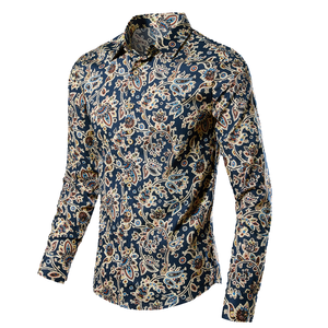 男士100% 棉印花休闲长袖衬衫透气舒适单排扣立领春季时尚 - Product Image 1