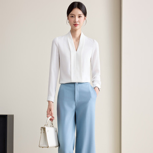 Chemises en satin pour femmes, col en V, manches longues, style coréen, vêtements professionnels, vêtements de travail en grandes tailles, pour le début de l'automne - Product Image 2