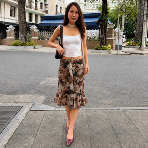 Falda Midi con Diseño Único, Estampado Floral Vintage, Cintura Baja, Dobladillo con Volantes, Elegante, Transparente, Casual y Favorecedora - Product Image 2