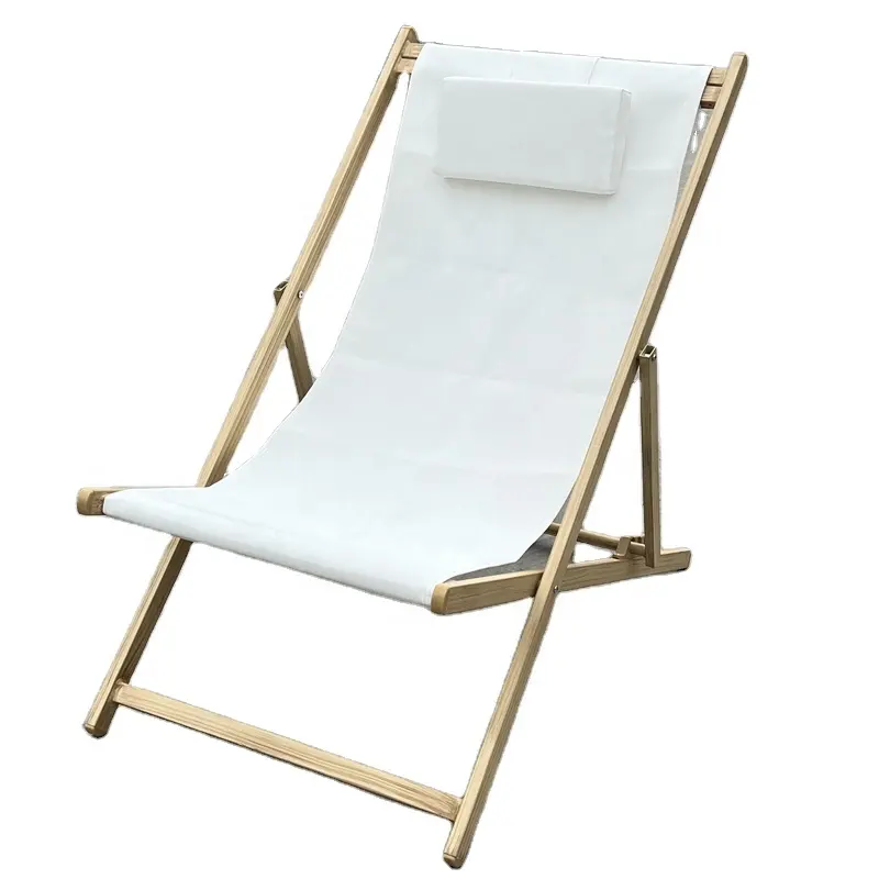 New gỗ có thể điều chỉnh màu trắng vải nhôm boong ghế ngoài trời gấp ngồi có thể ngả ghế bãi biển