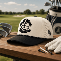 Casquette de golf à cinq panneaux, design brodé personnalisé, haute qualité, faible MOQ, visière incurvée, fermeture réglable, respirante, légère, unisexe