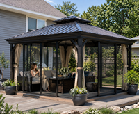 Gazebo Metálico Permanente con Estructura de Aluminio y Techo Rígido, con Cortinas de Privacidad y Mosquitera