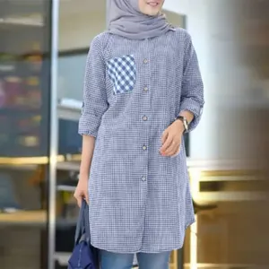 Islamic Clothing Muslim Blouse Kaftan Women Vintage Plaid Checked Long Shirt Autumn Long Sleeve Dubai Turkey Abaya Tops