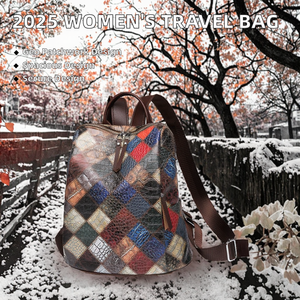 Royaa 2025 Women's Square Large Capacity Anti-Theft Waterproof PU Geometric Patchwork <b>Backpack</b> Arcuate Shoulder Strap Polyester - Product Image 2