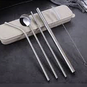 Reusable <b>Metal</b> Drinking <b>Straws</b> Set 3Pcs Minimalist Travel Cutlery with Spoon and Cleaning Brush in Carry Case - Product Image 1