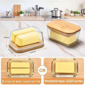 Mantequillera rectangular hermética con tapa abatible, base de bambú natural, vidrio grueso para almacenamiento en la encimera de la cocina. - Product Image 5