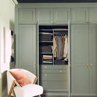 Système de dressing moderne vert Shaker, armoire sur mesure en bois massif avec portes coulissantes réglables et poignées dorées pour chambre à coucher