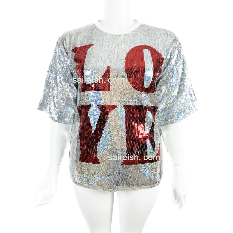 Saireish 스팽글 편지 사랑 로파 인테리어 Mujer 여름 탑 여성 블라우스 및 셔츠