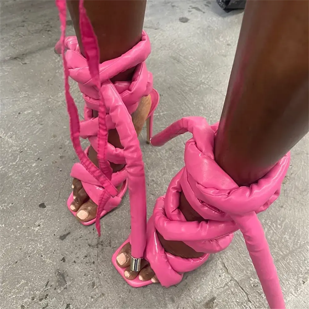 Sandal hak tinggi terbaru Sandal Gladiator tali simpul Sandal selempang pergelangan kaki wanita sepatu pump Stiletto potong 43