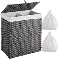 Panier à linge pliable pour chambre à coucher, double compartiment, avec couvercle, doublure en faux rotin tissé, amovible.