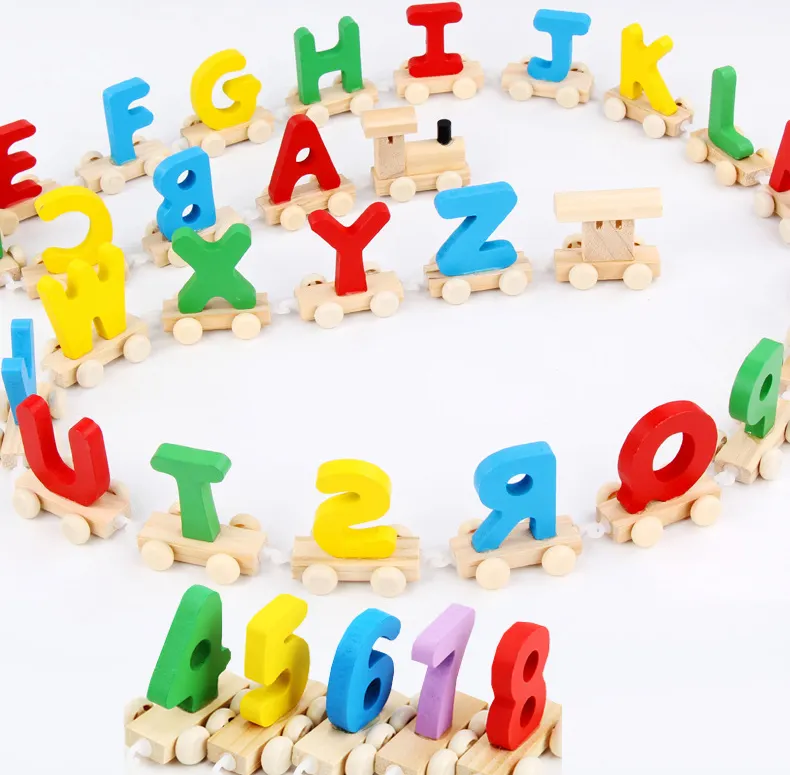 Großhandel Holz Nummer Alphabet Zug Spielzeug Sets für Vorschule Kinder lernen Wörter Farben Kinder Holz Zug Lernspiel