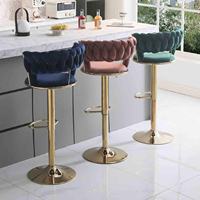 Tabouret de bar moderne de luxe en velours tressé avec base dorée, siège pivotant réglable et dossier tressé pour cuisine, salle à manger, salon, maison, centre commercial