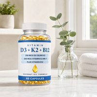 Gélules de Vitamine D3 K2 B12 250 mcg D3 / 200 mcg K2 MK-7 / 60 Capsules Végétaliennes et Sans Gluten pour Adultes