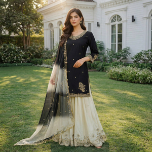 Conjunto de Salwar Kameez Negro para Bordado Intenso, Traje Tradicional Indio para Mujer, para Bodas, Graduaciones, Fiestas, Diwali - Product Image 1