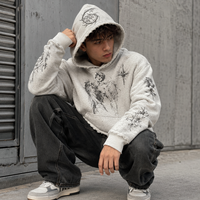 Sweat à capuche personnalisé pour homme, gris, en coton épais, imprimé motif gothique, style streetwear vieilli, usine de vêtements OEM ODM