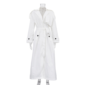 ODM OEM Custom Clothing Asymmetric Design Lapel Neck Snap Buttoned <strong>Belted</strong> Versatile Long <strong>White</strong> Trench <strong>Coat</strong> Women's Outerwear - Product Image 4