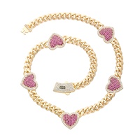 Collar de Cadena Cubana Gruesa con Colgante de Corazón de Circonita Cúbica Rosa para Mujer, Chapado en Oro de 14K, Ideal para Regalo