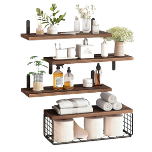 Étagère Flottante Murale en <span class=keywords><strong>Bois</strong></span> avec Panier de Rangement en <span class=keywords><strong>Métal</strong></span>, <span class=keywords><strong>Porte</strong></span>-rouleaux de <span class=keywords><strong>Papier</strong></span> <span class=keywords><strong>Toilette</strong></span> pour Salle de Bain, Chambre et Salon - Product Image 4