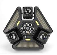 Projecteur hybride LED à trois têtes RGBW avec faisceau laser et stroboscope, contrôle DMX512/sonore, indice de protection IP33 pour l'éclairage