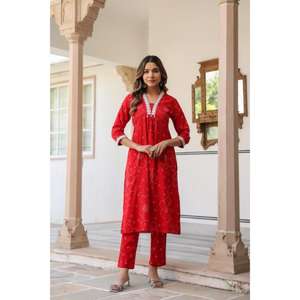 Exclusivo diseño de cuello color gris para mujeres y niñas en venta al por mayor puro algodón impreso recto Kurta con mangas impresas - Product Image 1