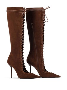 Women's Pointed Toe Lace-Up Front Cut <b>Knee</b>-<b>High</b> Boots PU Solid Stiletto Slim Heels Side Zipper Big Size 44 Western Style - Product Image 5