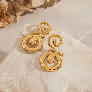 Spiral Pendant <b>Earrings</b> 18K <b>Gold</b> Stainless Steel Hammered Geometric Design Fashion <b>Dangle</b> <b>Earrings</b> - Product Image 3