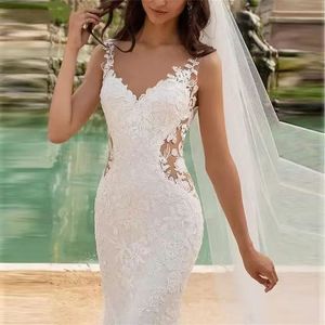 Mermaid Wedding Dress V-Neck Lace White Slim Fit Beach Runway Style - Product Image 3