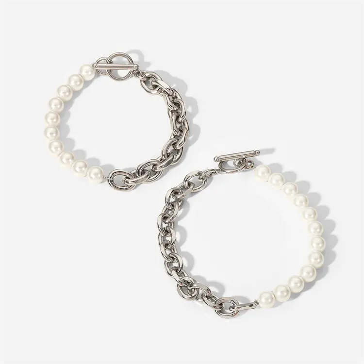 Fashion OT clasp bracciale con catene in argento in acciaio inossidabile 8mm bracciali con perle d'acqua dolce gioielli da uomo