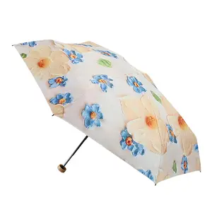 Beautiful Flowers Full Print 5 Folding Compact Portable Rain And Compact Sun Protective UPF50+ Mini Pocket Umbrella for Women