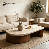 Table Basse en Bois Massif Style Nordique avec Plateau en Marbre Naturel, Table d'Appoint en Travertin avec Piètement en Bois de Calcaire pour Mobilier de Maison