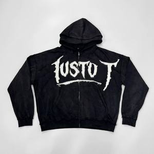 Sudadera con capucha para hombre, personalizada, al por mayor, de algodón grueso, estilo streetwear Y2K grunge, con apliques desgastados y cremallera. - Product Image 1